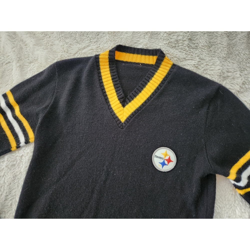 Vintage Pittsburgh Steelers V-Neck Sweater Women's Size Small Black Gold Striped